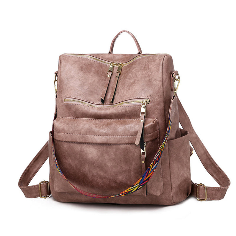 Leather Backpack With Colored Shoulder Straps - KOC