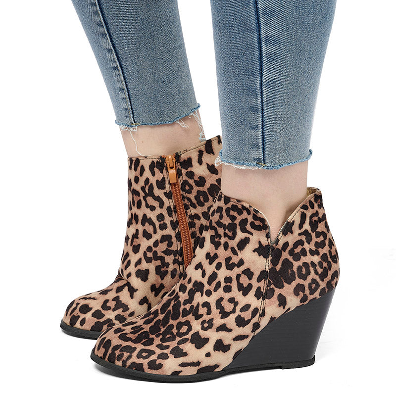 Side Zip Wedge Booties-Leopard