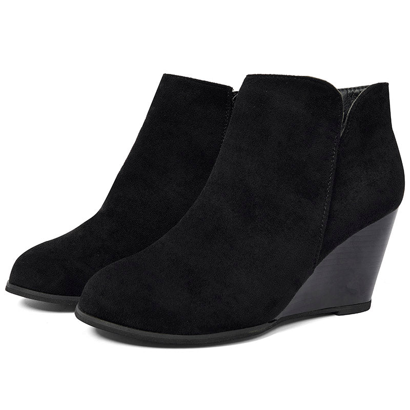 Side Zip Wedge Booties-Black