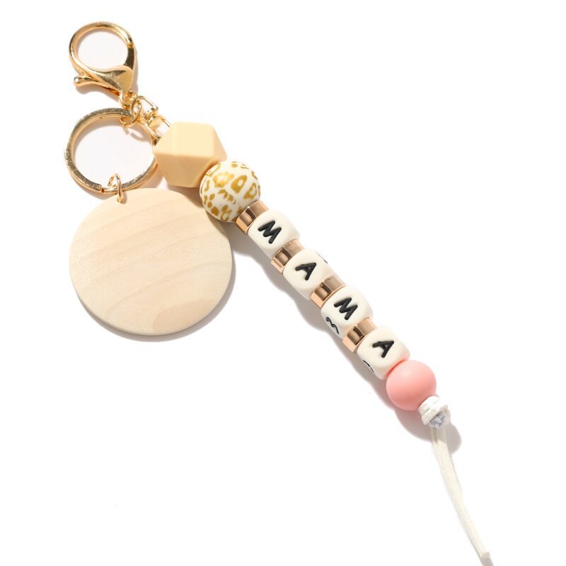 Alphabet Silicone Bead Wood Chip Keychain|2PC