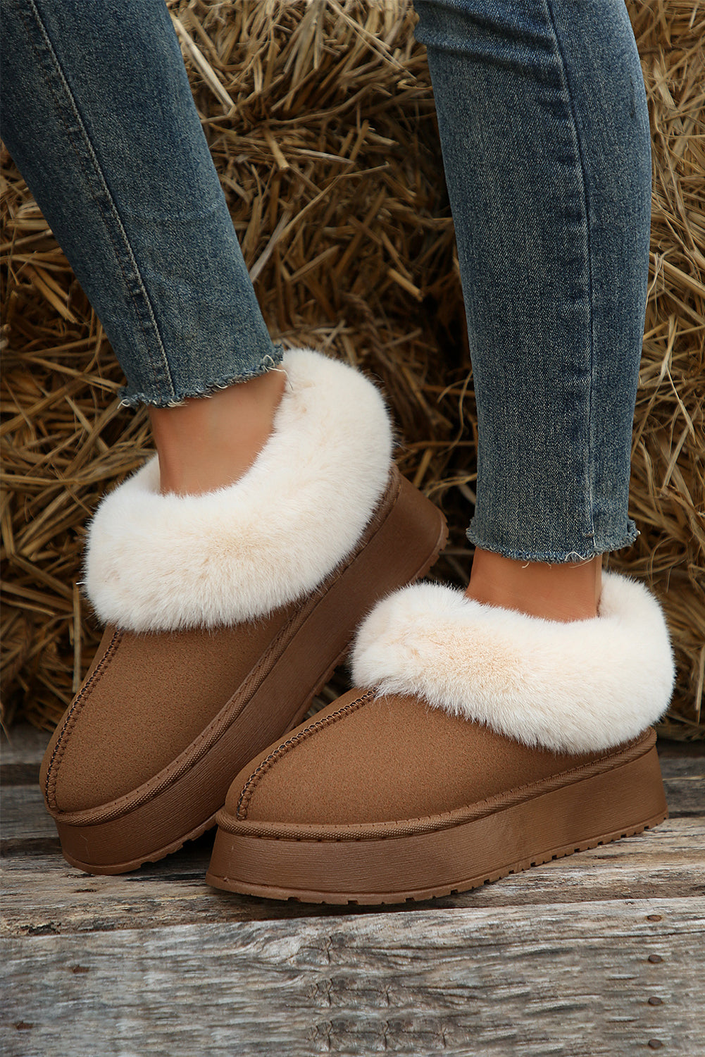 Plush Suede Trim Thick Sole Flat Snow Boots