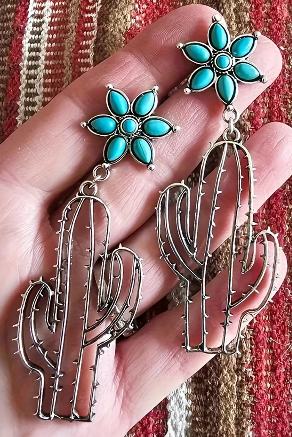 Silvery Western Turquoise Flower Cactus Dangle Earrings(moq:2)