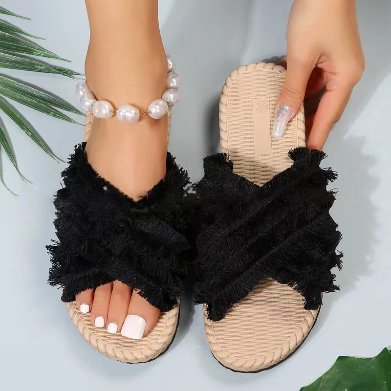 Woven Crossed Straps Flat Slippers