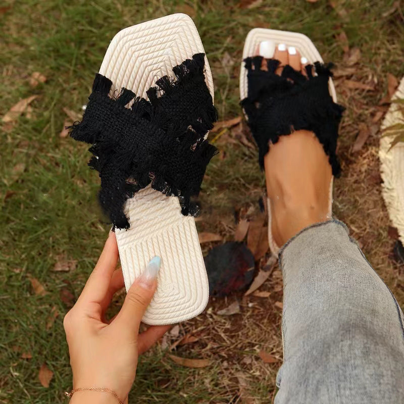 Woven Crossed Straps Flat Slippers