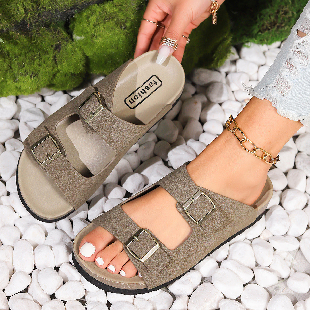 Beach Double Buckle Cork Slippers