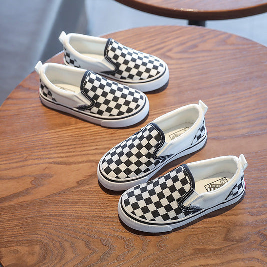 Womens and Kids Black and White Checker Slip-ons