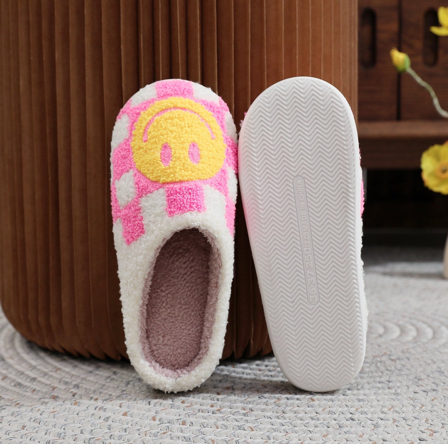 Checkered Smiley Face Slippers