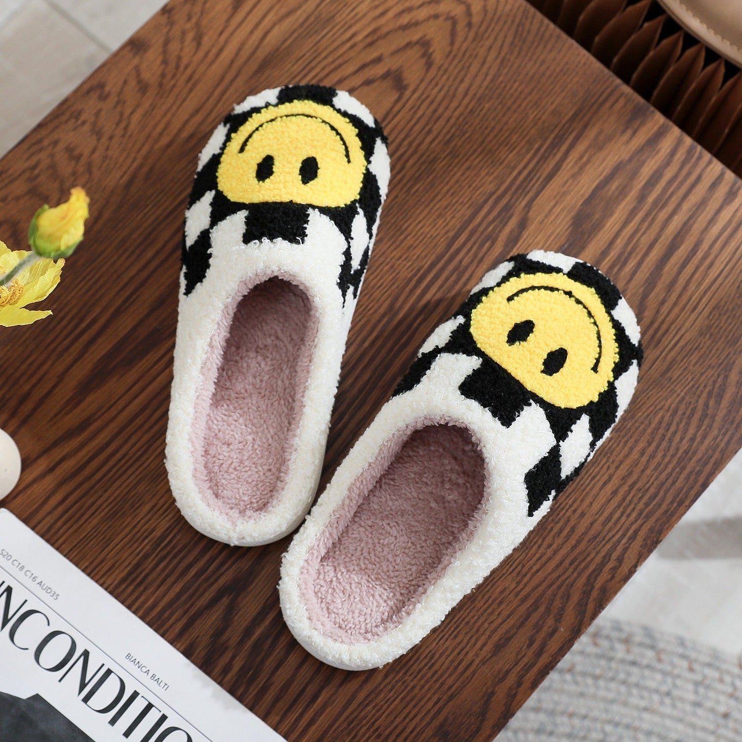 Checkered Smiley Face Slippers