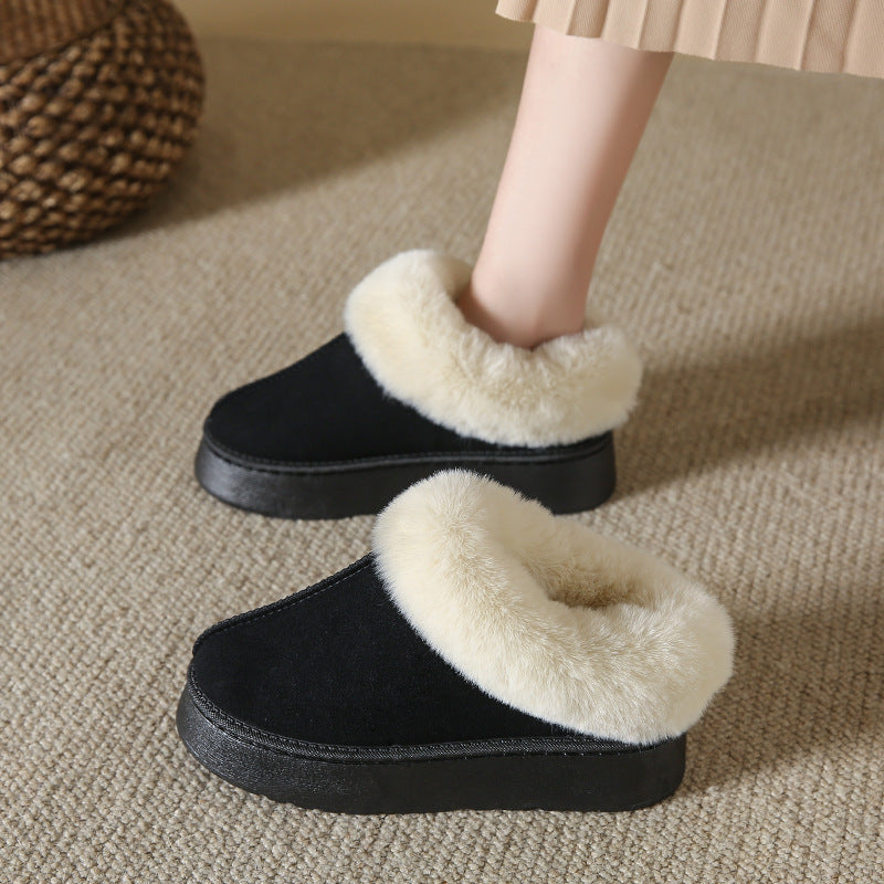 Plush Suede Trim Thick Sole Flat Snow Boots