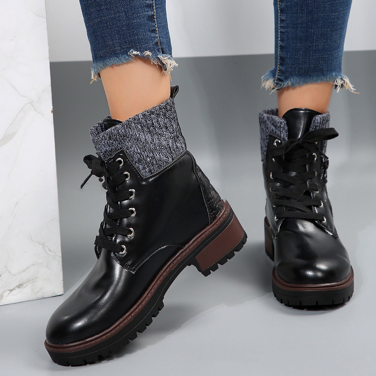 Knitted Patched Lace-up Heeled Ankle Boots